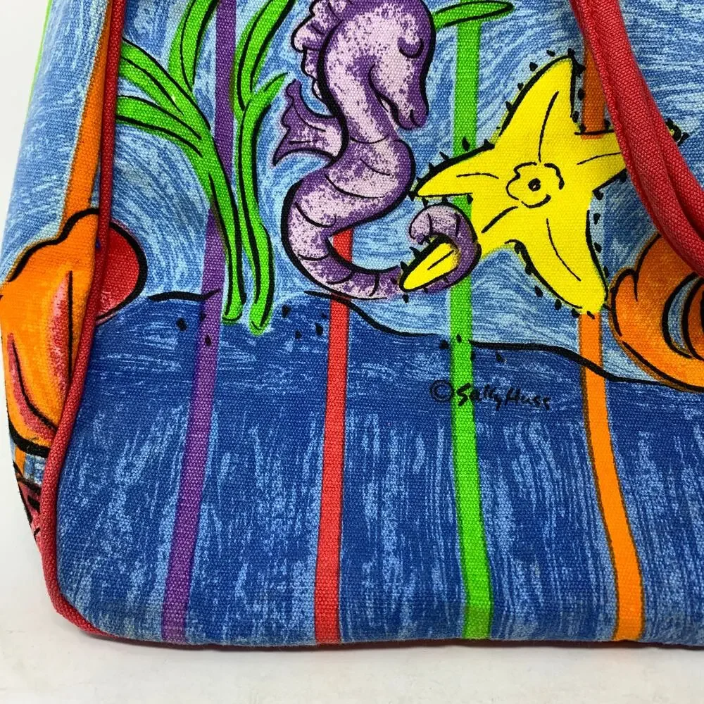 Sally Huss Seahorse Canvas Tote Bag Ocean Beach Shoulder Purse Whimsical Art VTG